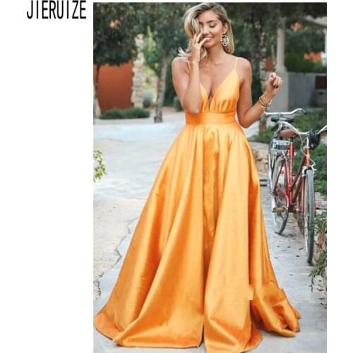 JIERUIZE Simple Evening Dresses Deep V Neck Spaghetti Strap Backless A Line Prom Gowns Sleeveless Formal Dresses robe de soiree