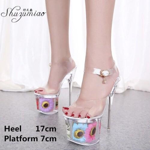 Platform Crystal 17 CM Party Club T Stage Catwalk Model Stripper Super High Heel Sandals Clear Slippers Flowers Womens Shoes
