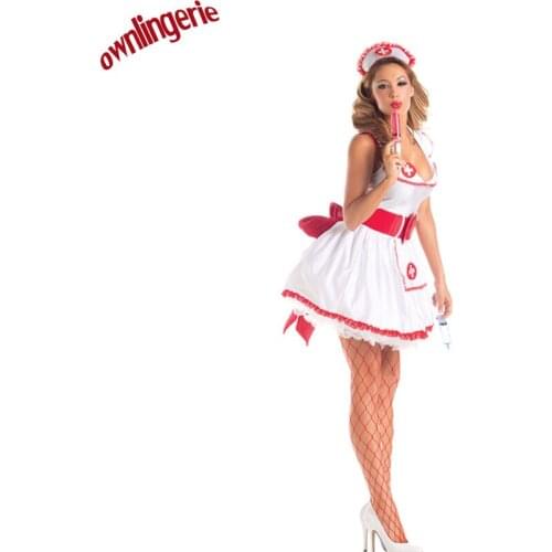 Sexy Nurse Costume Set red bowknot sexy erotic Cosplay Costume Nurse Uniform Tempt V-Neck Costume with red and white work drum