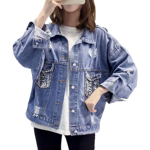Spring Autumn New Sequined Beaded Denim Jacket Women Hole Basic Overcoat Casual Bomber Outerwear Womens Clothing Ropa De Mujer