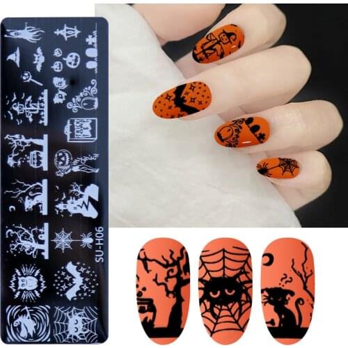 Halloween Theme Nail Stamping Plates Pumpkin Skull Bat Spider Design Stamp Templates DIY Printing Stencils Halloween Nails Tools