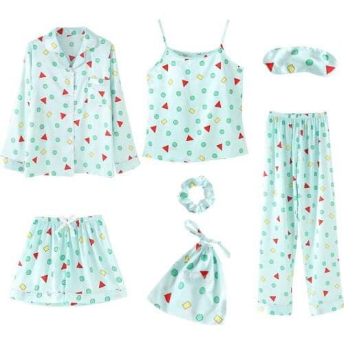 Lingering Warmth Anime Cartoon Geometric Female Casual Homewear Set For Women Silk 7 piece Pajamas Female Summer Homewear suit