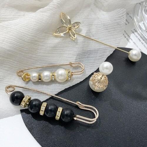 Sweater Shawl Clip Double Faux Pearl Brooches Shirt Pin Buttons Pearl Crystal Waist Pants Extender Safety Pins for Women