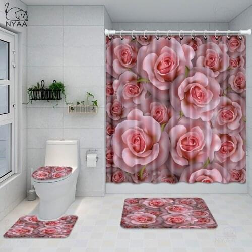 3D Flower Fabric Waterproof Shower Curtain Bathroom Curtains Set Pink Rose Non-Slip Rug Toilet Lid Cover And Bath Mat
