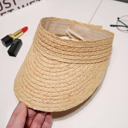 Ladies Summer Handmade Woven Raffia Straw Sun Visor Hat Empty Top Wide Brim UV Protection Adjustable Foldable Peaked Beach Cap