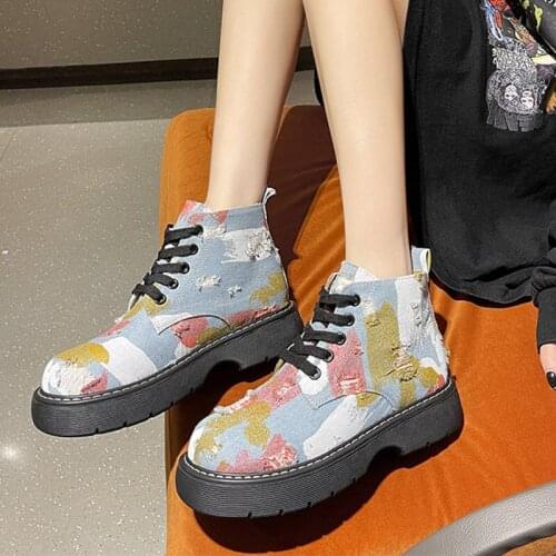 Womens Ankle Boots Canvas Mixed Colors Lace Up Female Boots Round Toe Thick Bottom Non-slip Autumn Lady Shoes Fashion 2021