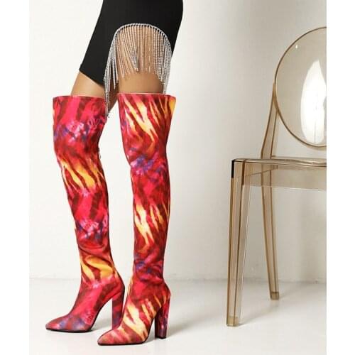 Womens Pointy Toe Match Colors Printed Over The Knee Boots Block High Heel Riding Punk Long Slim Shoes Stretchy Plus Size NEW