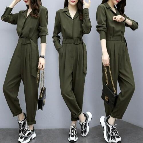 2021 Rompers Fashion Jumpsuits Women Suit Collar Long Sleeve Plus Size Casual Solid Cargo Pants Elegant Pockets Work Overalls