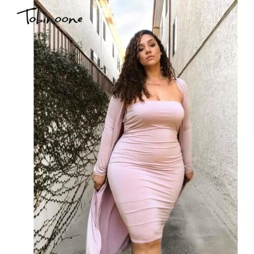 Tobinoone Solid Ruched Soft Autumn 2 Piece Sets Women Full Sleeve High Waist Skirt Sets Strapless Pink Sexy Party Womens Sets