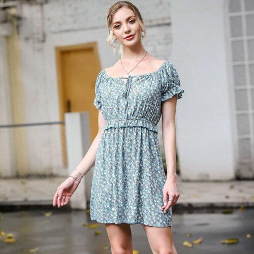 2021 Spring Summer Ladies Casual Chic Womens Fashion New Dress Print Square Collar Floral Short Sleeve High Waist Dress