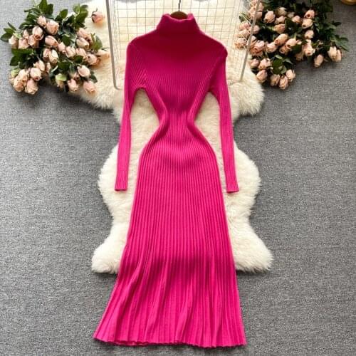 Dresses For Women Autumn 2021 new high neck slim fit Ribbed Knitted Bodycon WomenLong sleeve mid-length inner base dress Clothes