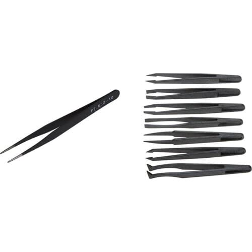 1x Black Metal Straight Sharp Tip Tweezer & 7Pcs Black Plastic Antistatic Flat Bottomed Top End Tweezers Hand Tools Set