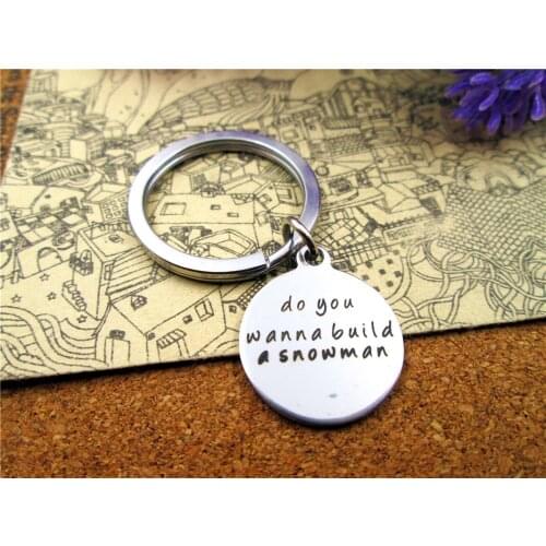 3pcs/lot 28mm stainless steel keyring with 20mm stainless steel circle "do you wanna build a snowman" charms keyring