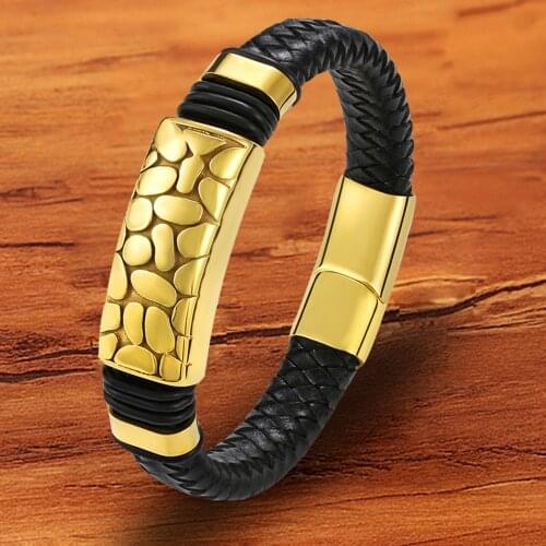 Stainless Steel Gold Magnetic Charm Black Jewelry Mens Bracelet Genuine Leather Wholesale Accessories New Rope Woven