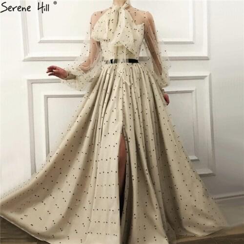 Ivory Round Dot Pattern A-Line Evening Dresses 2020 Long Sleeves Sexy Tulle Formal Dress Serene Hill DLA70129