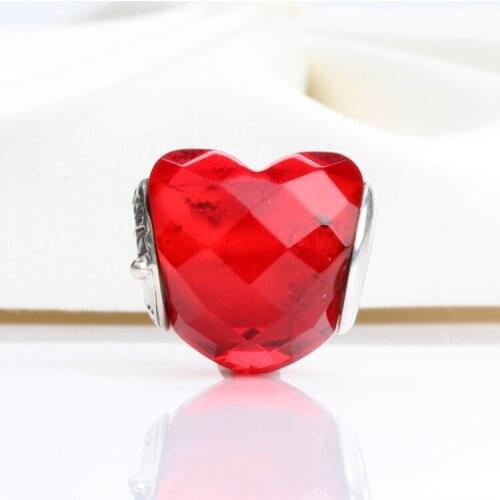 Valentines Day S925 Sterling Silver Heart Shaped Glass Beads Fit Original Bracelet Necklace DIY Jewelry