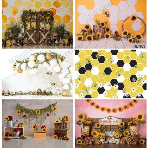 Bee Day Cake Smash Backdrops for Sunflowers Beehive Honey Children 1st Birthday Photographic Studio Photo Backgrounds