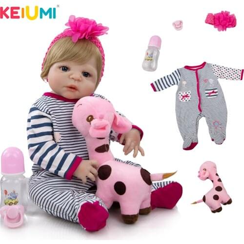 23 Inch Realistic Russian Reborn Babies Full Body Silicone Vinyl Baby Doll Toy Gold hair Reborn Boneca with Giraffe Kid Playmate