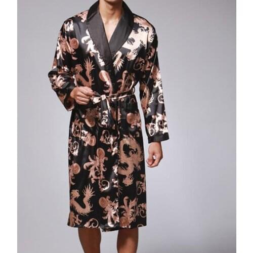 Plus Size Mens Bathrobe Silk Kimono Long Sleeve Robes Dressing Gown Print Sleepwear Satin Pajamas Men Night Gown Peignoir Homme