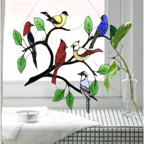 Lovely Stained Glass Birds-On-Branch Window Panel ing decor