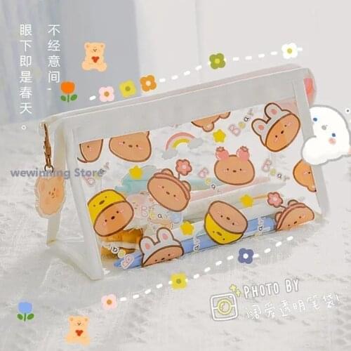 Cute Rabbit Clear PVC Zipper Pen Pencil Case Portable Travel Toiletry Bag Large Capacity Stationery Ins Kawaii Bag Pencils Bag