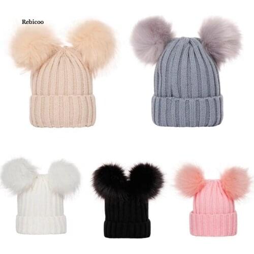 Fashion Solid Color Stripes Baby Double Pompom Hat Casual Tide Autumn Winter Simple Girls Cap Beanie Hat