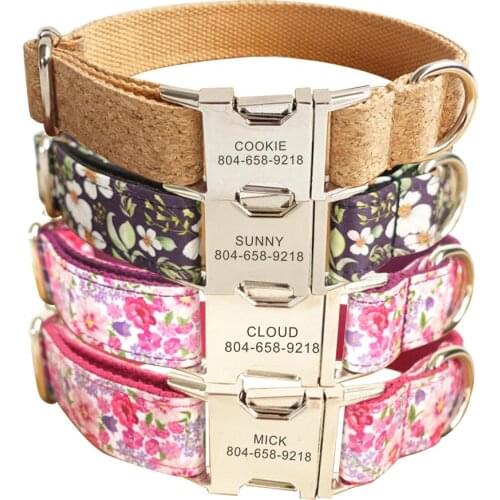 Personalized Pet Collar Flower Wood Custom Name ID Tag Adjustable Collars Lead Leash Set Free Engraving Dog Collars