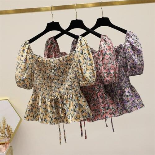 Sexy Low Cut Off Shoulder Lace Up Puff Sleeve Blouse Print Flowers Shirt Summer Women Blusas Short Tops Folds Plus Size 4XL Pink