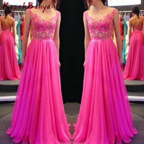 Pink Illusion Scoop Neck Short Sleeves A-line Chiffon Floor Length Evening Dress with Lace Applique