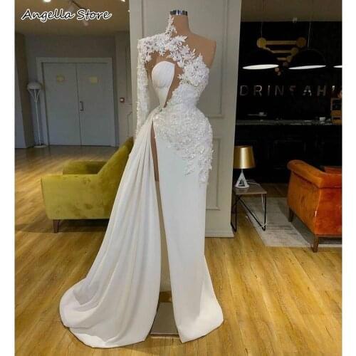 Sexy Illusion Lace White Prom Dress High Neck One Shoulder Long Sleeve Formal Evening Gowns Side Split Arabic Robes De Mariée