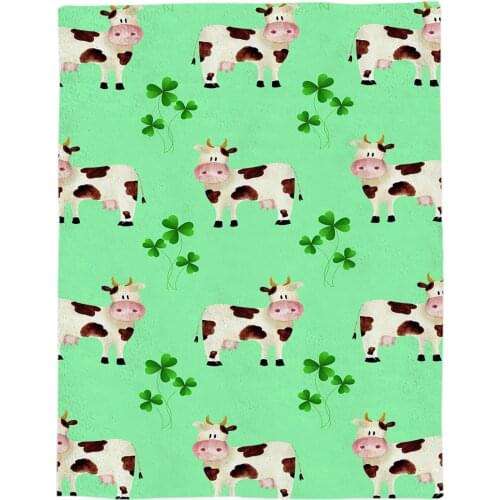 Farm Animal Cow Shamrock Throw Blanket Portable Soft Bedspread Microfiber Flannel Blankets for Beds