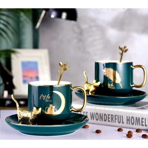 Light Luxury Green Glaze Ceramic Coffee Cup European Style Luxury Cup Saucer Spoon Set Household Flower Tea Afternoon Tea Cup