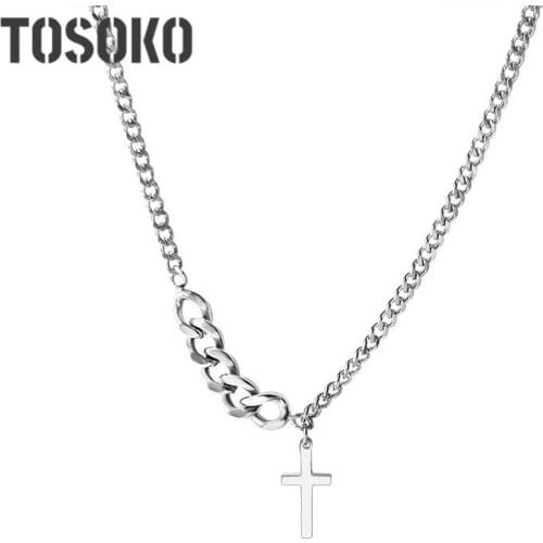 TOSOKO Stainless Steel Jewelry Cross Pendant Necklace Link Chain Hip Hop Clavicle Chain BSP706