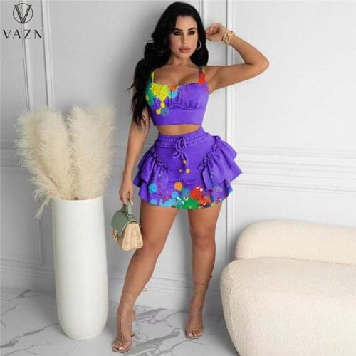 VAZN 2021 Sweet Boho Summer Sleeveless Print Swimming Bikini Bodycon Sexy Bandage Beach Suits 2 Piece Set Women Top And Pant