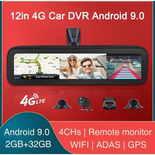 12in 4G Android 9.0 Car DVR 4 Cams Record 360° View Recorder with WIFI GPS Navigation ADAS Phone Live Video Check Nig
