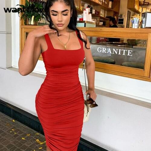 Wantmove 2020 Winter Backless Ruched Sexy Bodycon Party Club Dresses Women Fashion Solid Color Sleeveless Tight Midi Dress