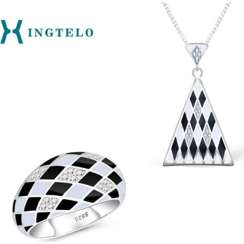 XINGTELO 925 Sterling Silver Jewelry Set Ring and Pendant Chain Set Geometric Pattern Ring for Woman Anniversary Gift