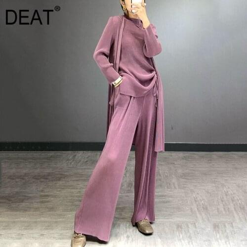 DEAT Woman Pleated Suit Long Sleeve Cardigan Coat + Pullover T Shirts + Wide Leg Elastic Pants Solid Causal 2021 Autumn 15HT439