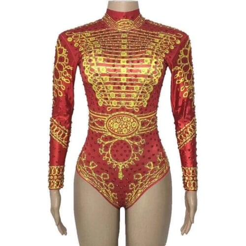 Women New Gold Red Sexy Bodysuit Simple Version Sparkling Crystals Jumpsuit Celebrate Nightclub Party Performance Stage Wear