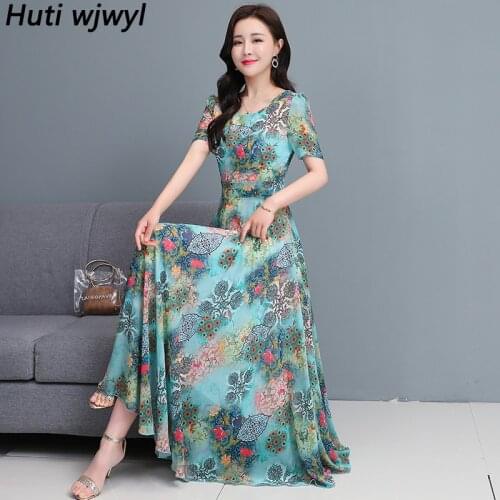 2021 Summer Casual Beach Print Floral Chiffon Maxi Dress Vintage Plus Size Sweet Midi Dress Elegant Women Bodycon Parey Vestidos