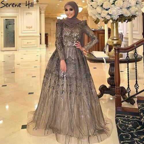 Serene Hill Muslim Grey Luxury Beaded Evening Gown 2021 A-Line V-Neck High Back For Woman Formal Party Dress CLA71126