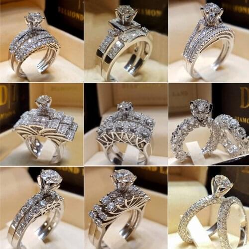 2pcs/lot Silver Double Rings Set Shiny Cubiz Zircon Stone Ring For Women Romantic Lovers Engagement Anniversary Wedding Jewelry
