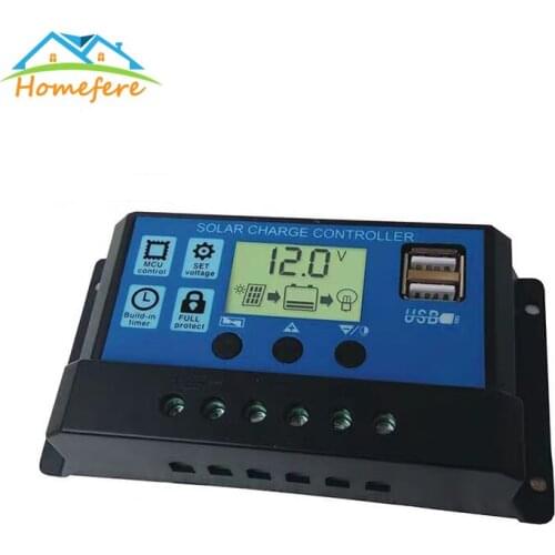 12V/24V Solar Controller Auto Solar Charge Controller 30A/20A/10A WM Controllers LCD Dual USB 5V Output Solar Panel