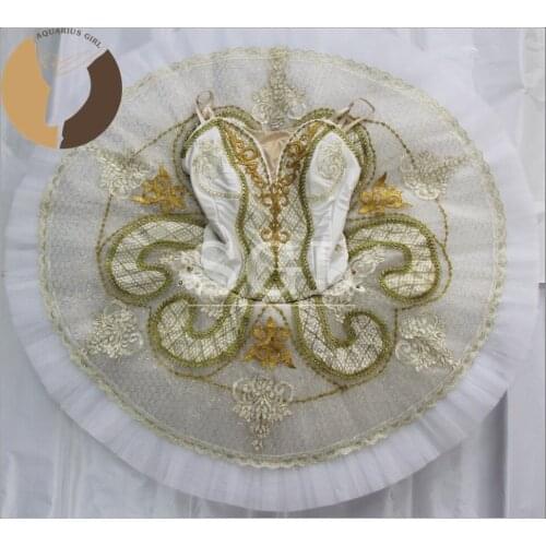 Adult White Color Girls Ballet Tutus Theatrical Costumes Opera Custom Made Tutu Golden Decoration Classical Tutu Skirts AT9097