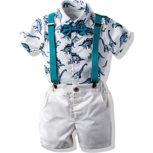 BINIDUCKLING England Style Kids Boy Formal Clothes Set Dinosaur Printed Bow-tie Shirt Pants 2PCS Suit For Kids Boys Clothes Set