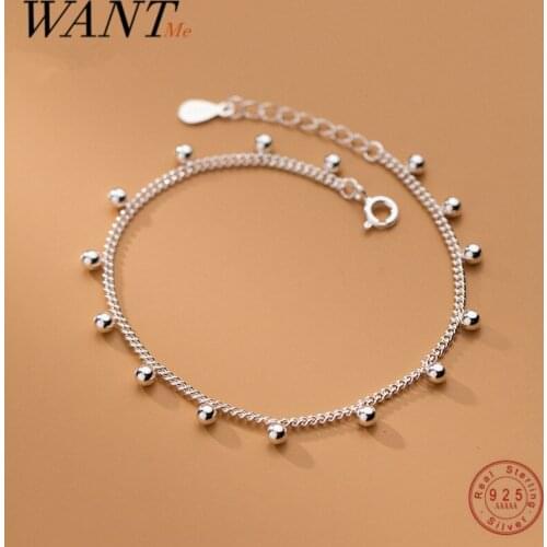 WANTME 925 Sterling Silver Minimalist Glossy Bead Link Chain Charm Bracelet&Anklet for Women Fashion Korean Jewelry Accessories