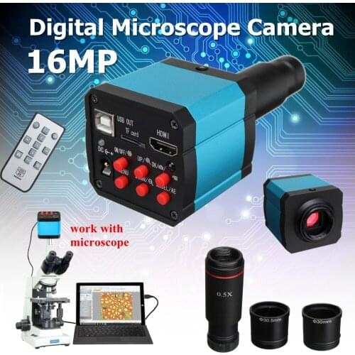 16MP HDMI 1080P HD USB Digital Industry Microscope Camera TF Card Video Recorder+0.5X C mount Eyepiece Lens +30mm 30.5mm adapter