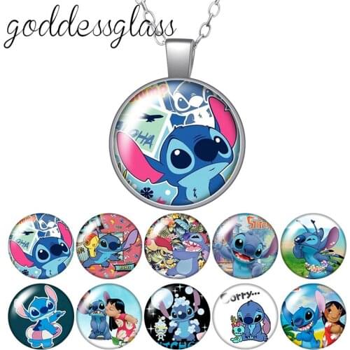 Disney Cute Lilo & Stitch Angel Round Glass glass cabochon silver plated/Crystal pendant necklace jewelry Gift