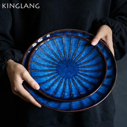 KINGLANG Ceramic Dinner Plate Big Steak Beaf Food Dish Western Restaurant Use Porcelain Blue ColorTableware