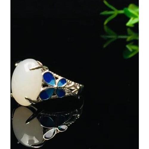 Natural 925 Silver Hetian White Jade Carved The Ellipse Ring Mosaic Blue Butterfly For Woman Big Gemstone Fine Jewelr